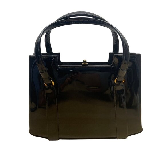 Vintage Lewis Black Patent Leather Handbag Gold Accents & Double Handles  Sz S - Picture 1 of 10